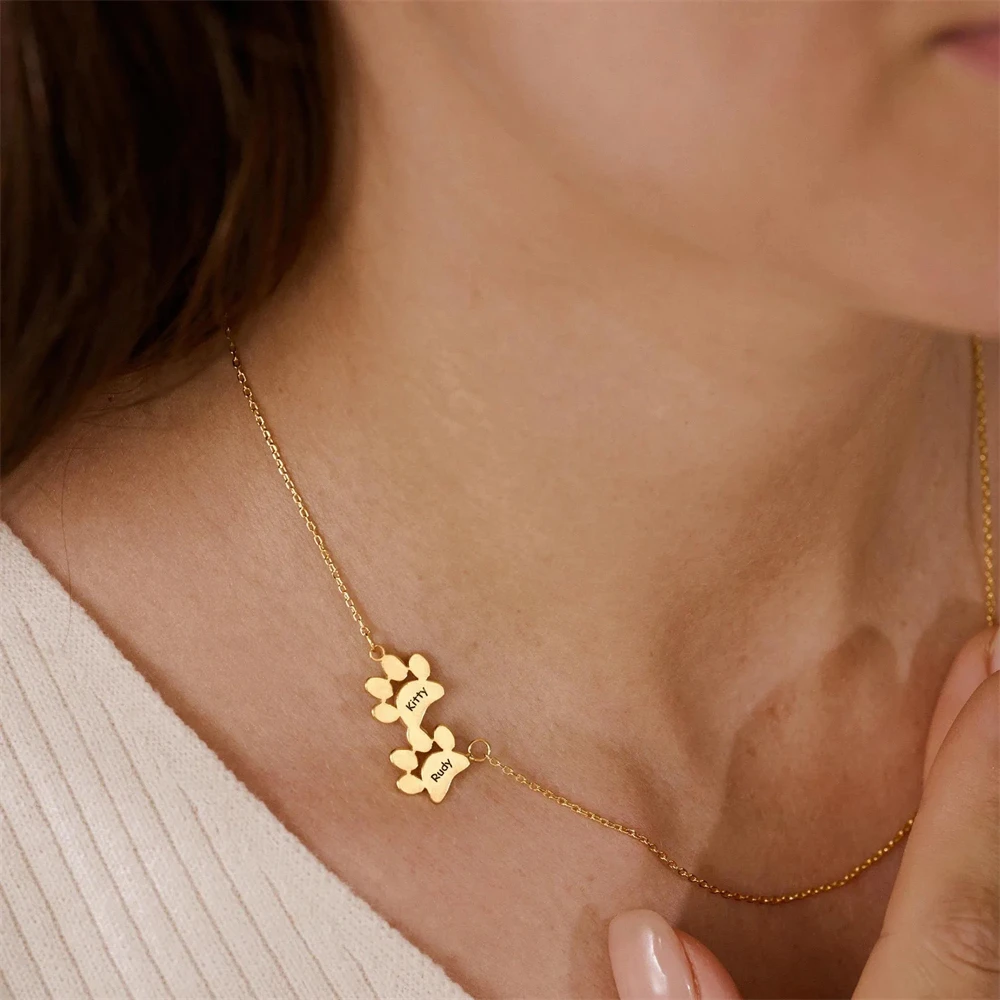 

Персонализированное ожерелье с лапой собаки и кошки, позолоченное ювелирное изделие из нержавеющей стали, ожерелья с именами животных для дам, подарок с памятью для домашних животных