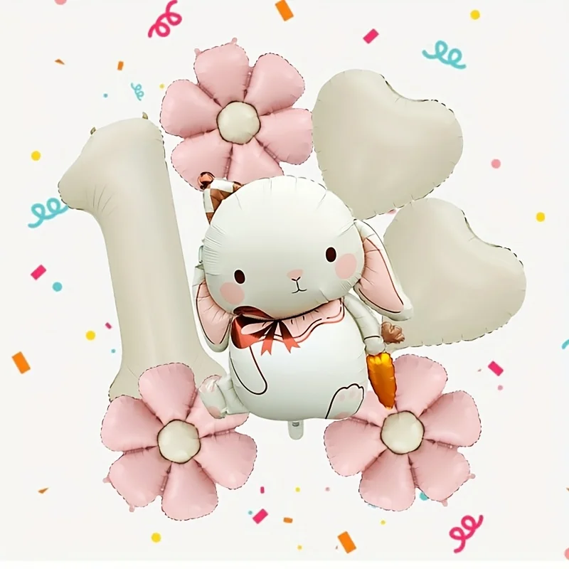 7-teiliges bezauberndes Kaninchen-Gänseblümchen-Ballon-Set, 40 Zoll, cremeweiß, Nummer 1–9, Geburtstagsballon, Cartoon-Kaninchen, Ostern, Party-Dekoration – Detail 2