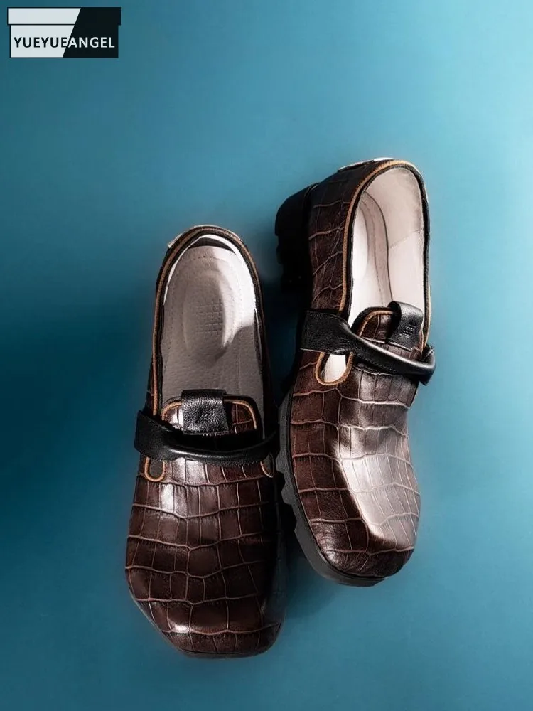 Versatile Men Business  Coffee Square Head Mid Heel Genuine Leather Casual Shoes Handmade Cowhide Round Toe Breathable Footwear
