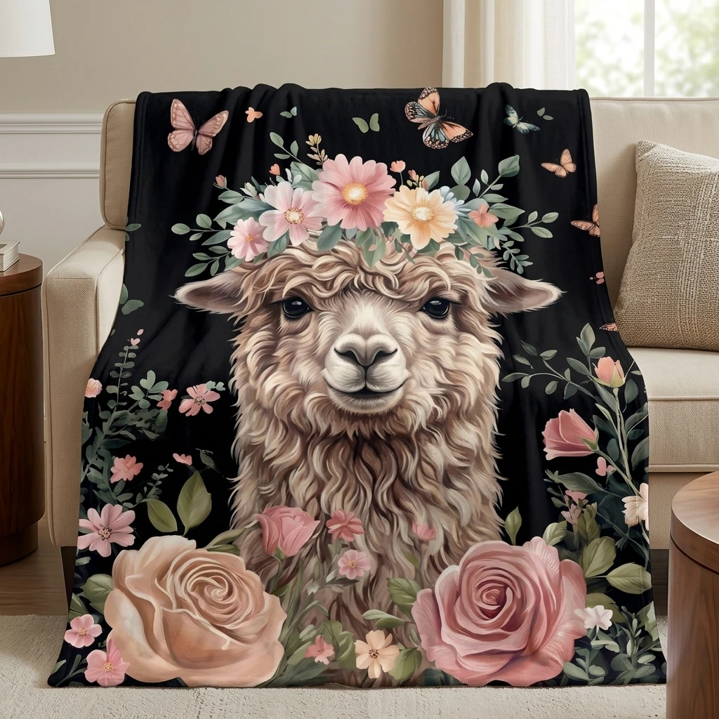 Black Background Alpaca & Rose Wreath Flannel Throw Blanket, Cozy Farmhouse Style Throw for Bedroom & Living Room