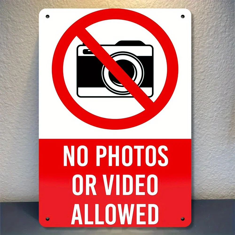 （2D Tin painting）2D Flat Metal Sign - No Photos or Videos Allowed, Retro Prohibition Wall Decor with Red Circle & Camera Icon