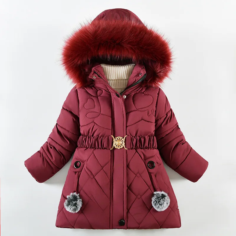 2024 New Winter Girls Jacket Keep Warm Fur Collar Fashion Children's Coat Hooded Zipper Girls Outerwear 4-10 Years Kids Clothes