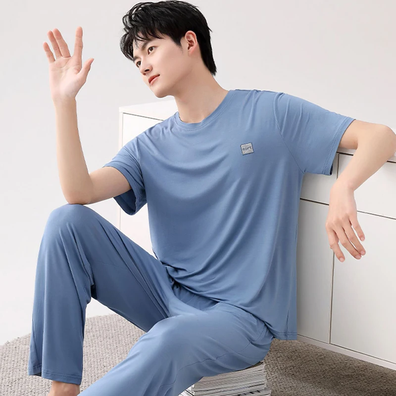 

Korean Fashion Homewear for Men Summer Modal Soft and Cool Pajama Set Short Sleeve Long Pant Loungewear Big Size L-5XL Nightwear