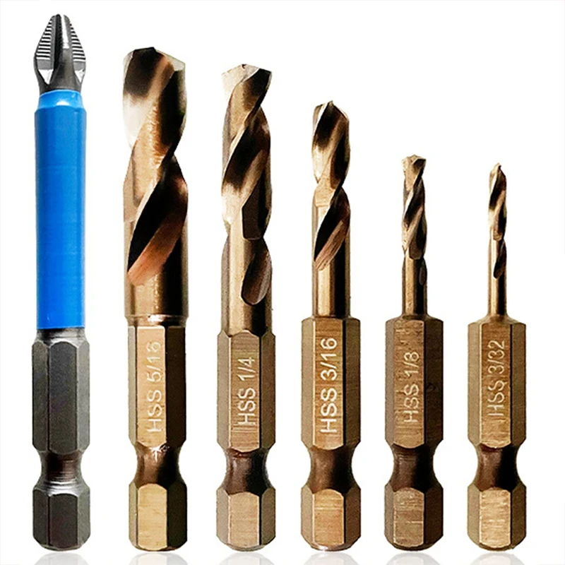 

6 PCS Drill Bit Set M35 Cobalt Stubby High Speed Steel For Stainless Steel & Hard Metals For Quick Chucks & Impact Drivers