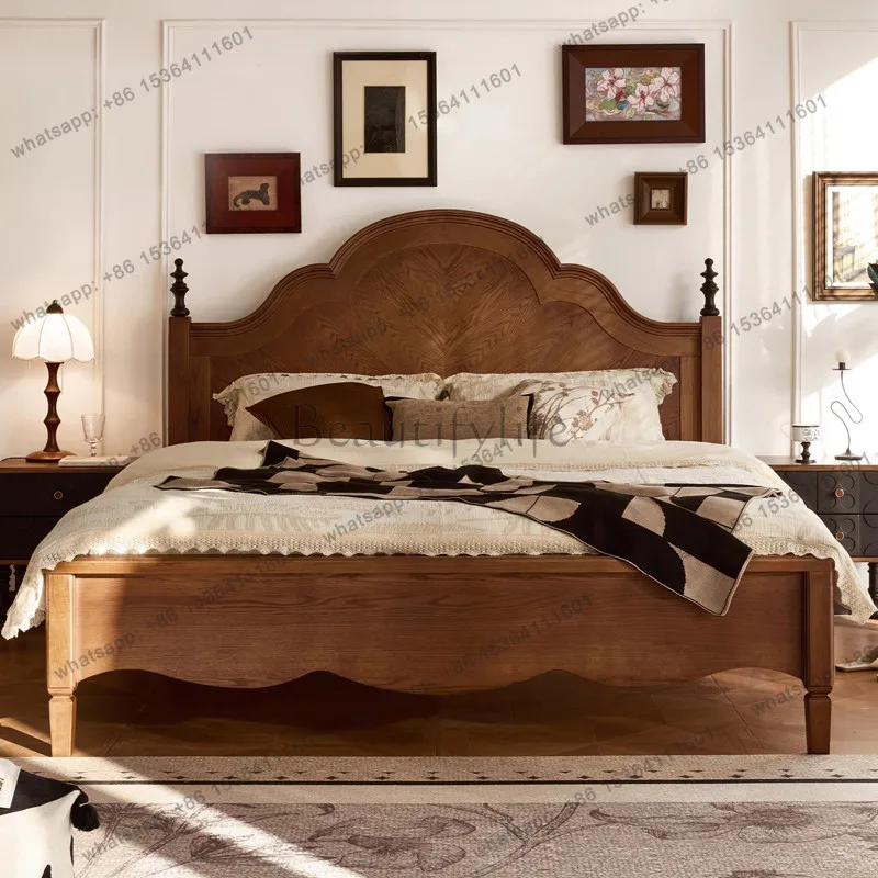 French retro solid wood bed antique bedroom furniture light luxury villa home master bed