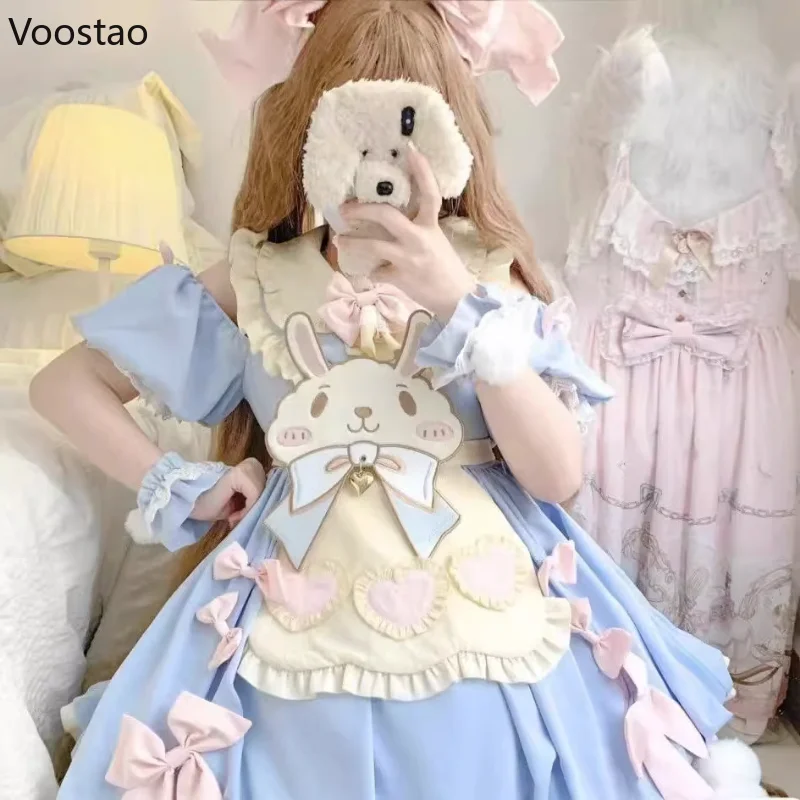 Japanese Kawaii Lolita OP Dress Women Sweet Cute Cartoon Bunny Bow Princess Party Dresses Girls Harajuku Short Sleeve Mini Dress