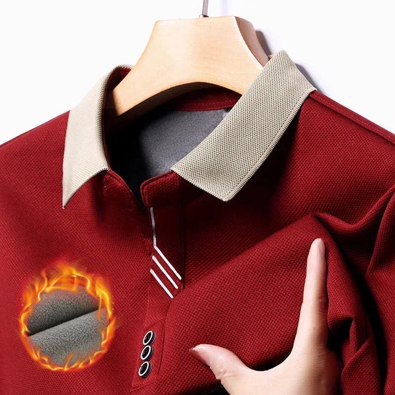 Winter Men Fleece Keep Warm Solid Long Sleeve Polo Shirts T-shirt Lapel Button Dad Costume Fashion Casual Thicken Top Male
