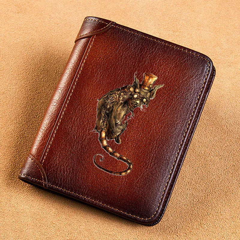 High Quality Genuine Leather Men Wallets Vintage Steampunk Cat Design Short Card Holder Purse Trifold Men's Wallet BK3029