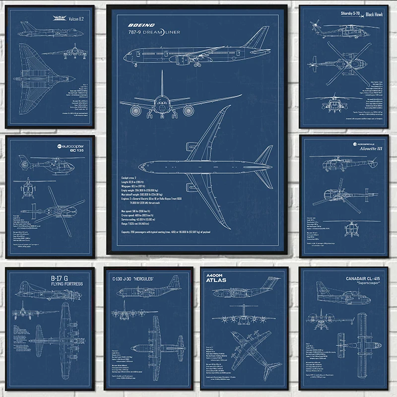 Air Force Plane Airbus Patent Prints Airplane Poster Fighter Aviation Blueprint Canvas Painting Wall Art Pictures Home Decor