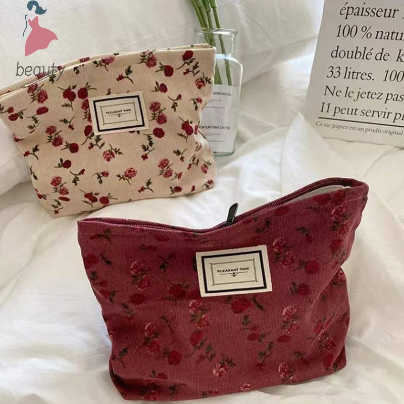 Bolsa de cosméticos de flor de pana para mujer, bolso de mano grande, organizador de maquillaje, bolsa de cosméticos coreana, estuche de belleza de tocador lindo