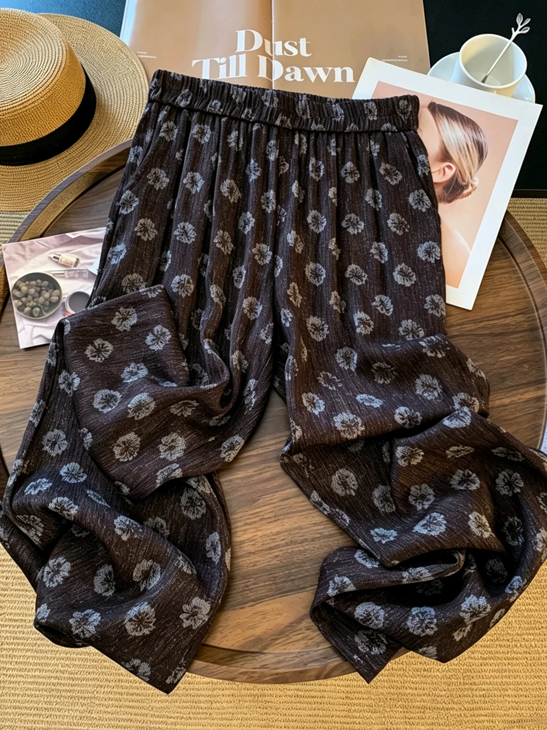 High Waist Straight Leg Floral Gradient Dyeing Linen Blend Wide Leg Pants Women's Summer Casual Trousers Comfortable Breathable