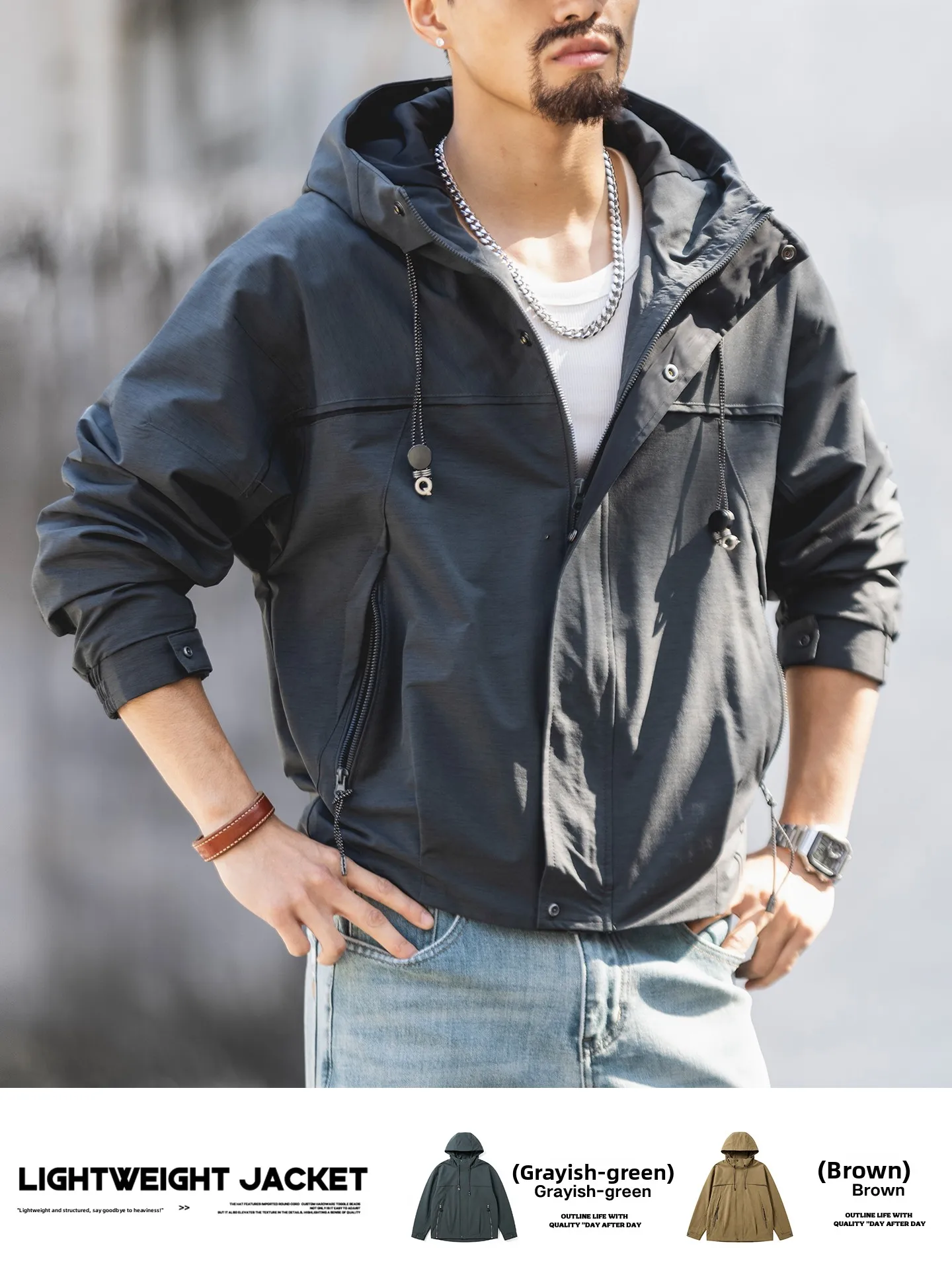 

Spring New Men's Hooded Functional Jacket American Splicing Loose Top Large Size Outdoor Lightweight Workwear Coat Trendy