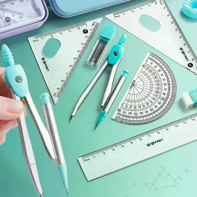 7pcs Mathematical Set Compass Lead Straight Ruler Combination for Students 2023 School Supplies Cute Math Drawing Measuring Tool