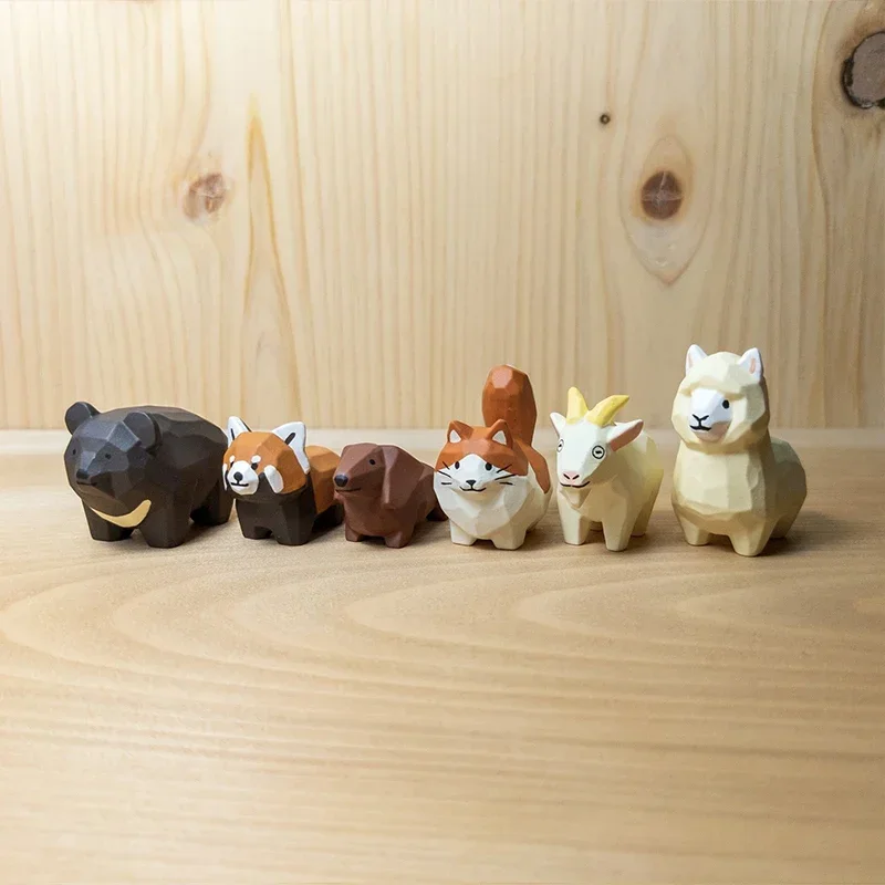 Original QUALIA Kawaii Gashapon cápsula juguete tallado Animal de madera Alpaca gato mapache oso estatuilla para regalo de niños