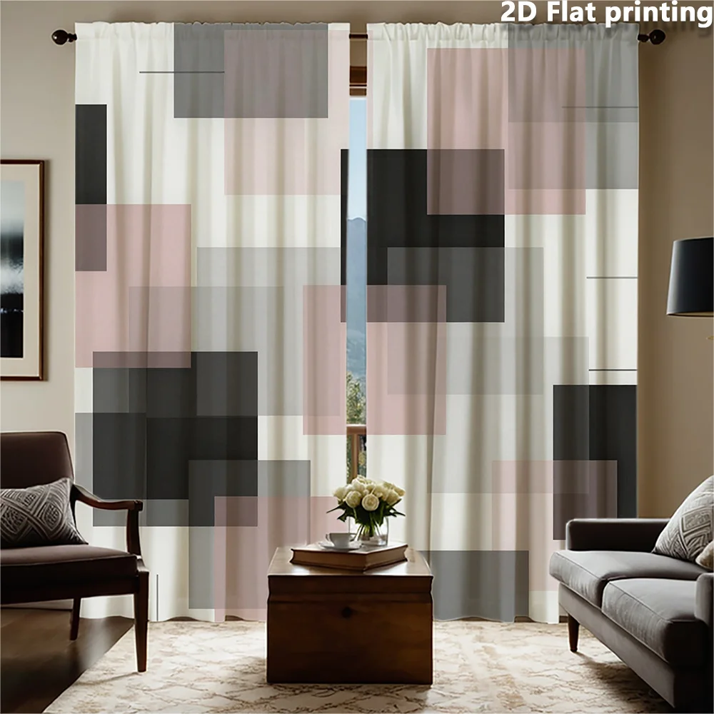 2pc Living Room Curtains Modern Geometric Abstract Panel Drapes Blush Pink Grey Window Curtain Set for Contemporary Home Decor