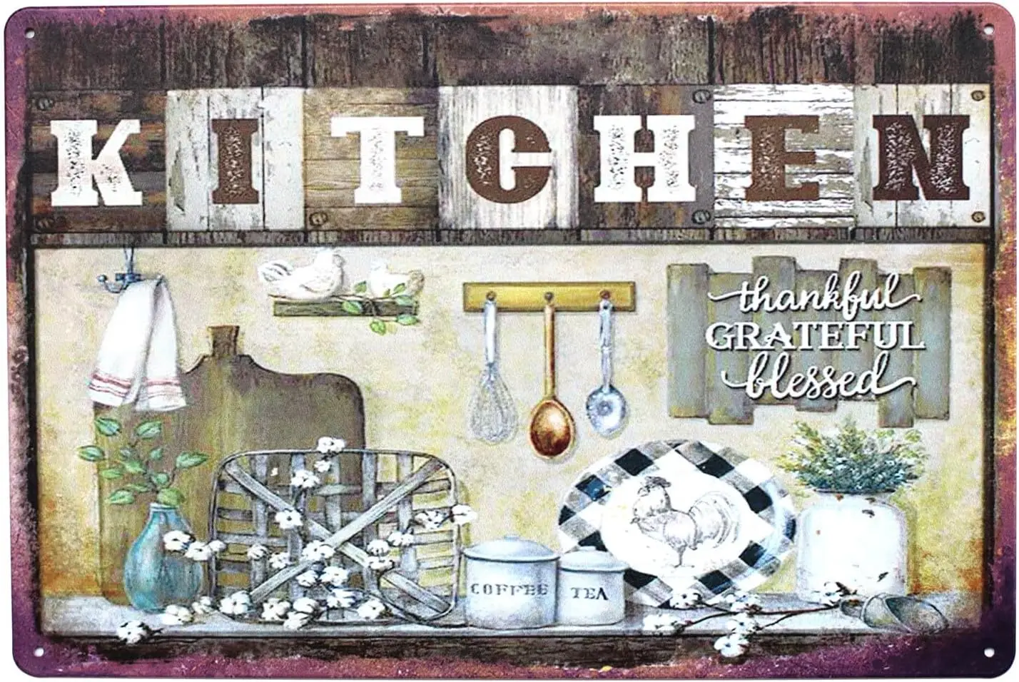 Kitchen Thankful Greateful Blessed, Metal Tin Sign, Vintage Art Plaque Home Wall Decor