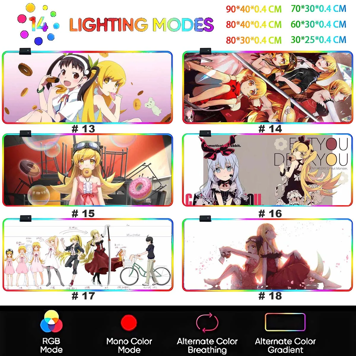 Anime Monogatari RGB Large Non-slip Mouse Pad Oshino Shinobu LED Backlit XXL Mouse Pad Table Overwatch Gaming Keyboard Desk Mat