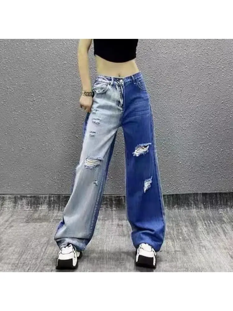 Streetwear Color-blocked Washed Distressed Jeans For Women New High-waisted Loose Denim Trousers Straight-leg Wide-leg Pants