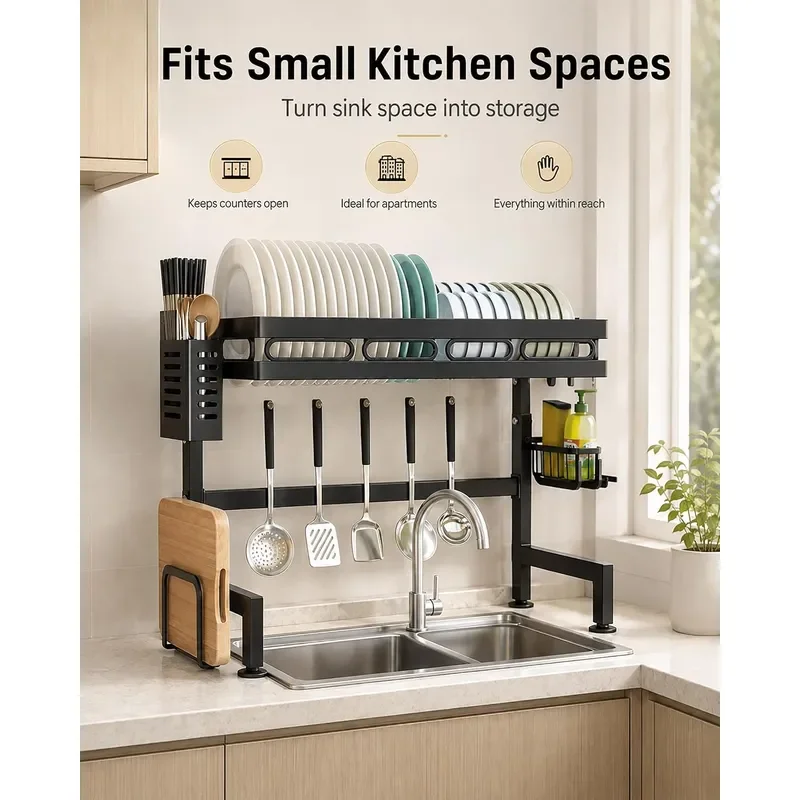 Over Sink Dish Drying Rack Kitchen Sink Organizer Countertop Shelf Above Sink Storage Fits Small Apartments Modern Home Black