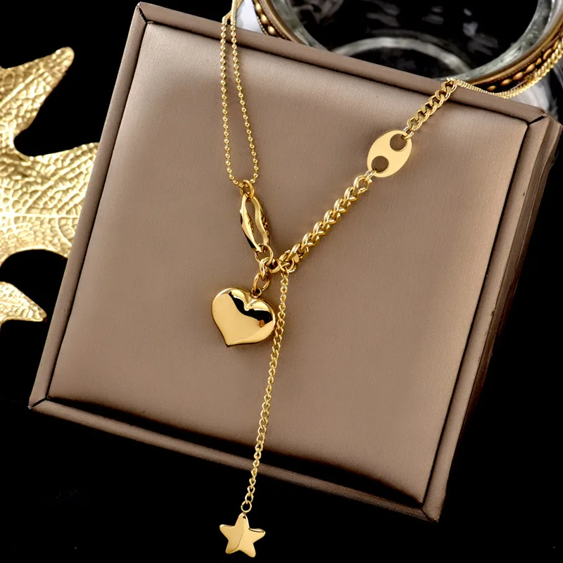 Water Resistant 316L Stainless Steel Long Love Heart Necklace 18K Gold Plated Star Hanging Chain Heart Star Pendant Necklace