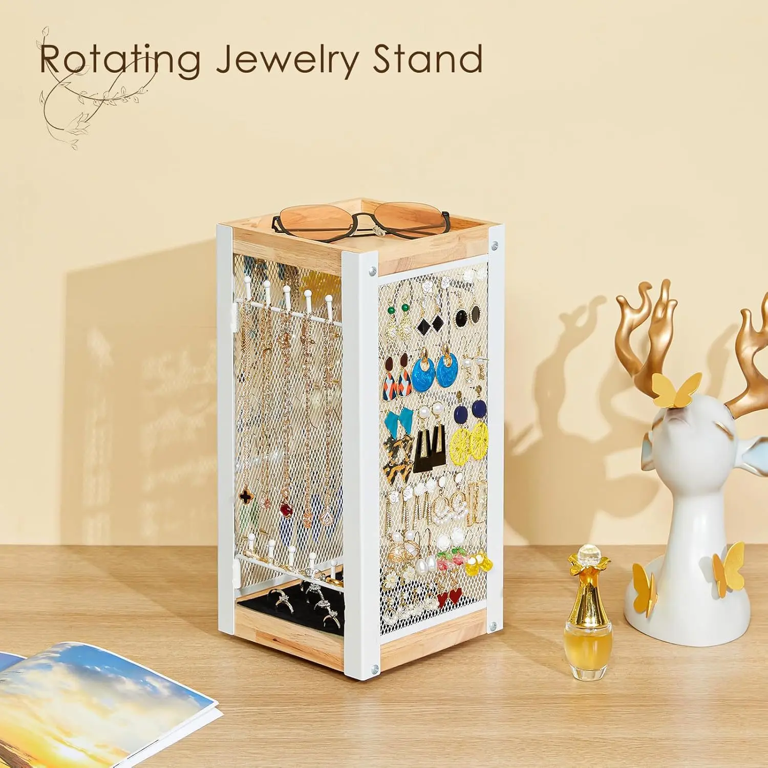 Wrought iron wood jewelry rack, countertop, rotatable earrings, necklace, ring storage rack, jewelry display rack