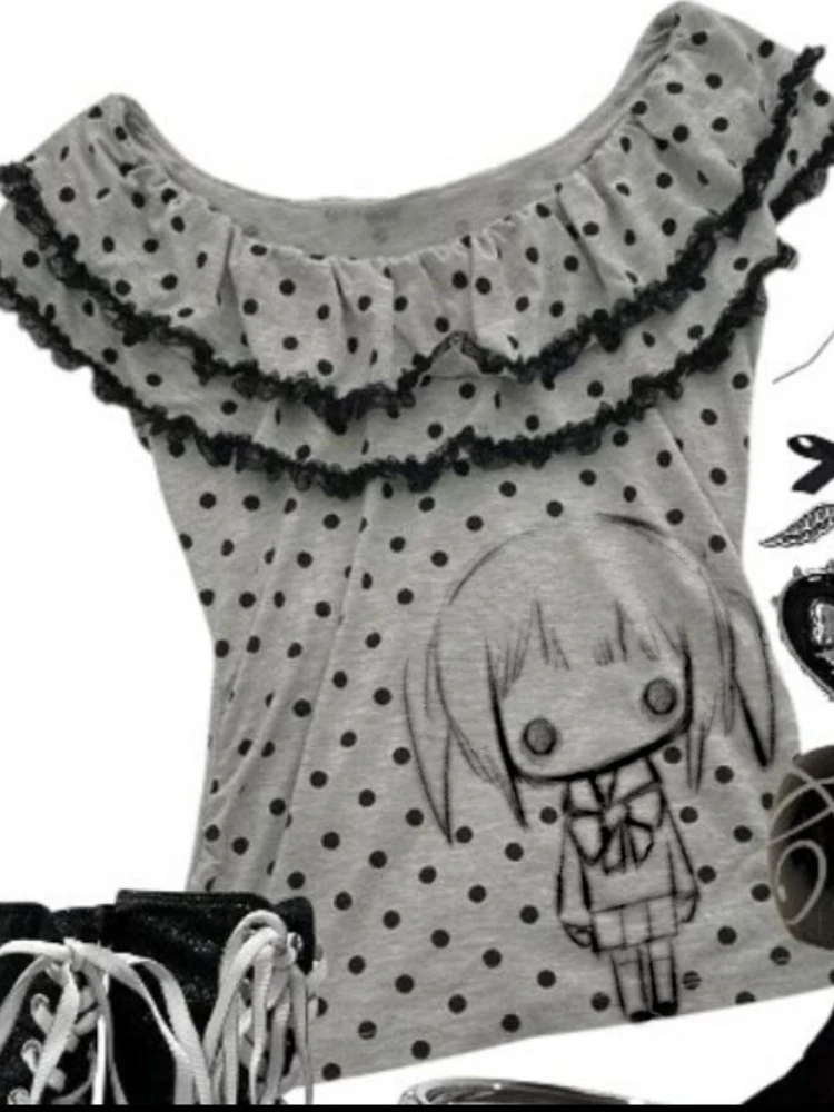 

Deeptown Y2k Kawaii Gray Anime Juminocore Women T-Shirt Harajuku Ruffles Polka Dot Sleeveless Japanese Style Lolita Tees Slim