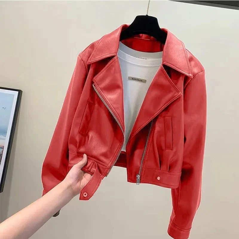 Women's Punk Rivet Leather Jacket Spring Autumn Retro Turndown Collar Slim Casual Ladies Faux Soft Leather Moto Biker Outerwear