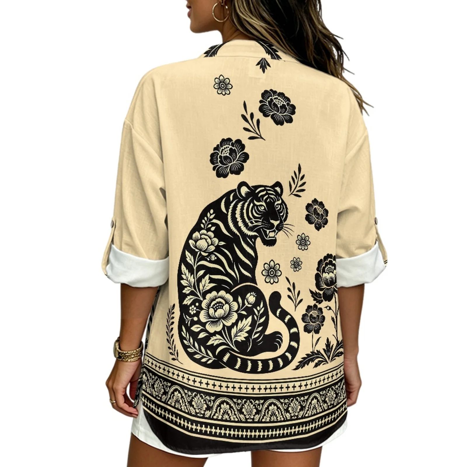 PENSTROLL Tiger Floral Print Linen Style V Neck Tops for Vacation Roll Up Design Long Sleeve Tops Casual Loose Fit Blouses