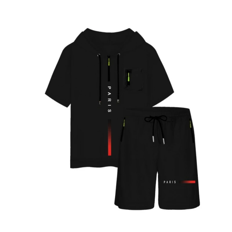 

2025 summer hooded T-shirt Set Men's casual fashion T-shirt+shorts men's short sleeve T-shirt Hoodie men's zippershort sleeveSet