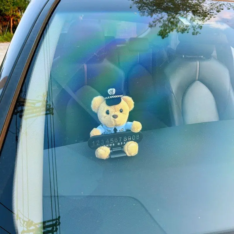 

Police Bear Doll Traffic Police Bear Car Moving Phone Plate Temporary Parking Card Phone Number Decoration Inside The Car