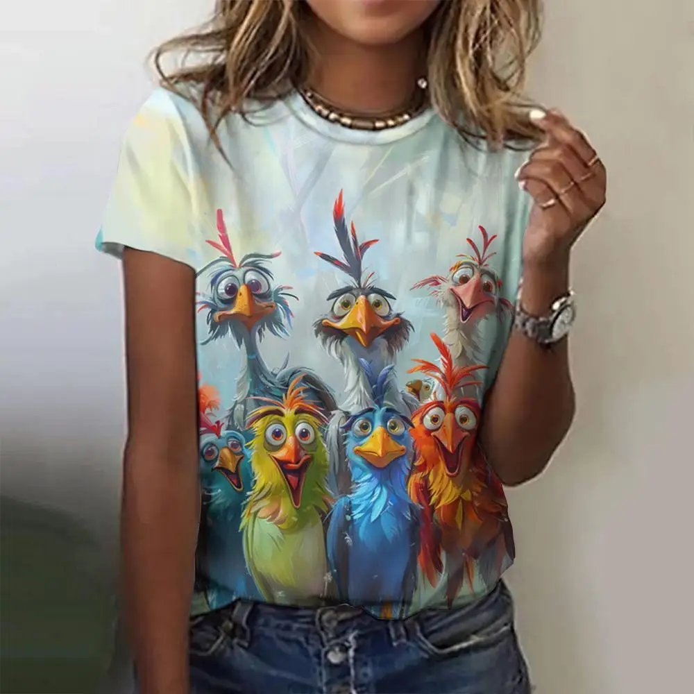 2024 Summer Round Neck Women's T-Shirt Fashion 3d Scream Chicken Print Short Sleeve T-Shirt Cartoon Casual Top