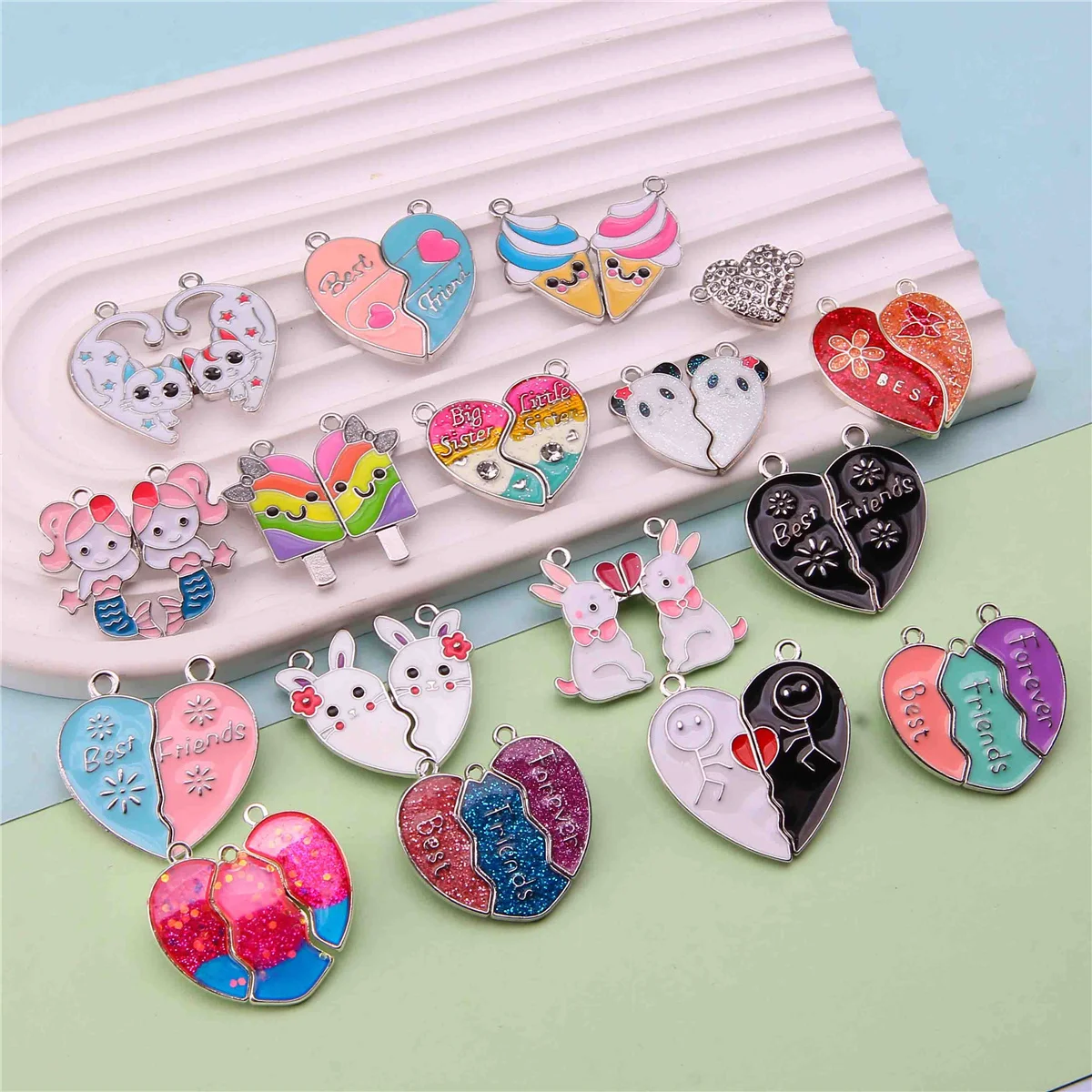 3sets new best friend magnet attracts love alloy jewelry pendant mermaid splicing DIY necklace accessories