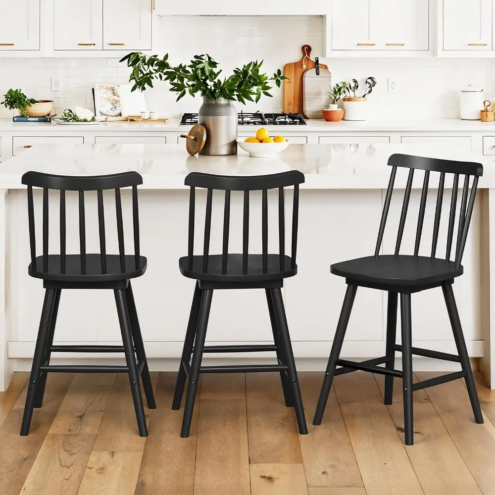 

Set of 3 Black Windsor Counter Height Swivel Barstools, 24 Spindle Back Wooden Stools for Kitchen Island, Pub, Bistro, Cafe, Din