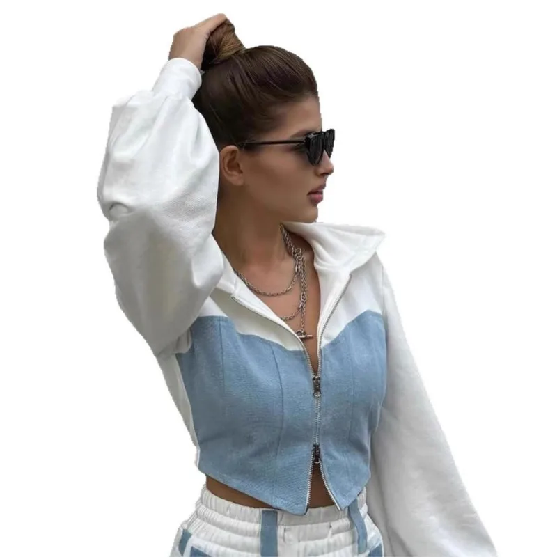 Fashion Contrast Color Patchwork Hoodies Pants Set Women Zipper Short Hooded Coats Lace Up Wide Leg Pant Spring Autumn Tracksuit image 6