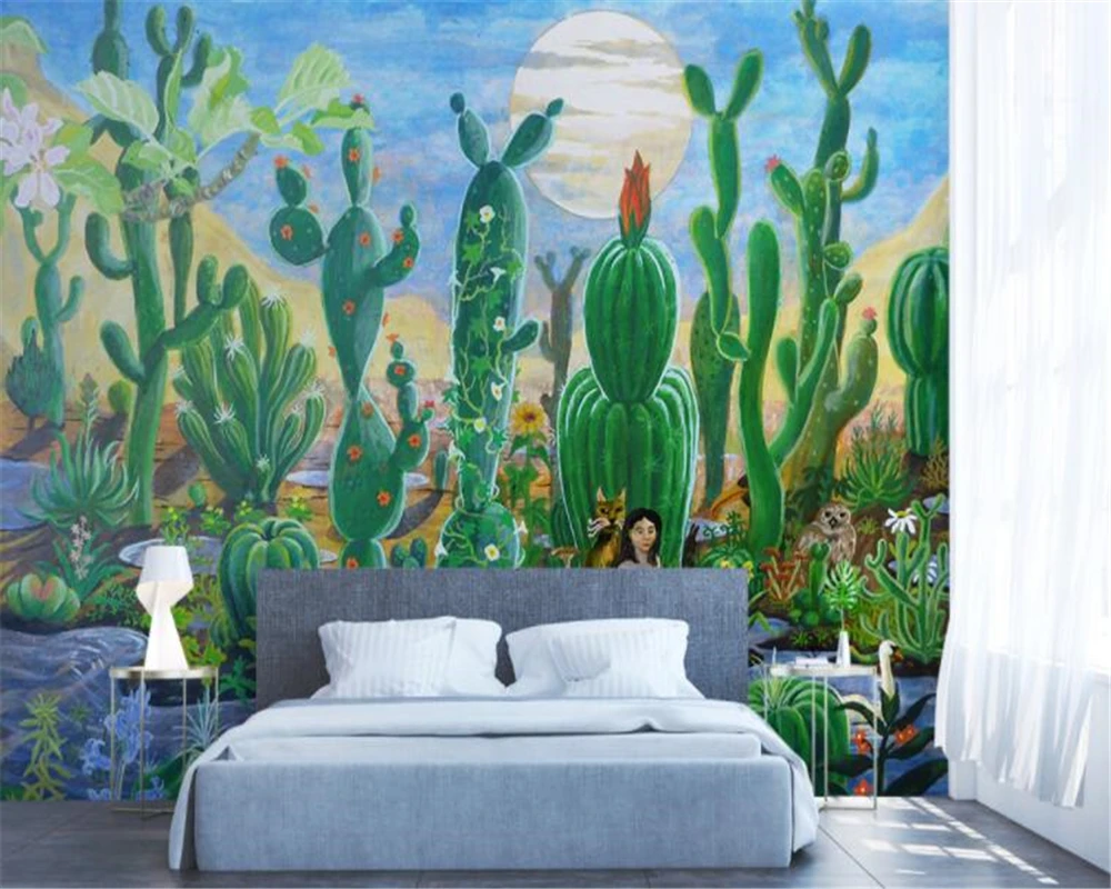 Customized wallpaper Nordic hand drawn painting tropical plants cactus living room Sofa TV backdrop 3D mural bedroom restaurant