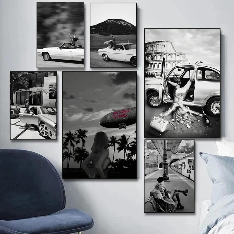 Luxury Car with Sexy Woman High Heels Feminism Motivational Poster Canvas Painting Print for Living Room Home Decor