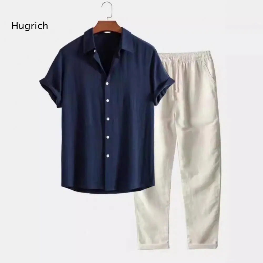 Mens Daily Matching Two Piece Outfit Lapel Short Sleeve Shirt And Drawstring Elastic Waist Straight Cut Long Casual Trousers