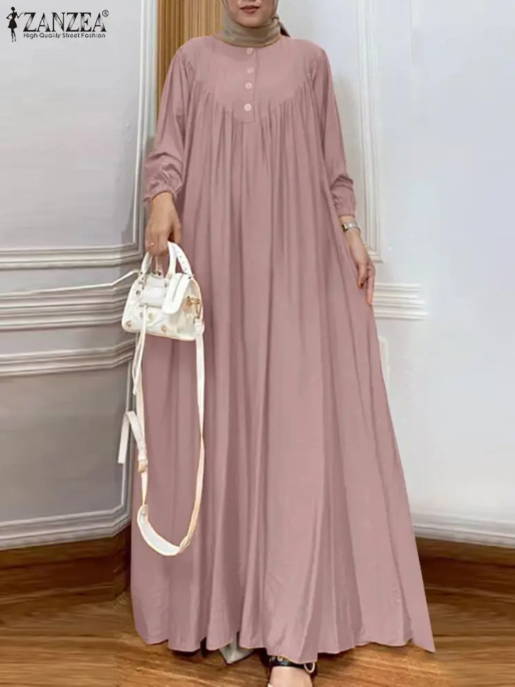 ZANZEA Vintage Solid Color Muslim Dress Woman Vintage Turkey Robe Long Sleeve O Neck Pleated Casual Party Islamic Clothing 2024