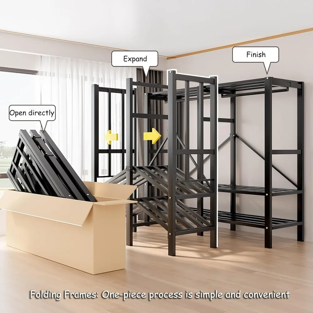 Portable Heavy-Duty Metal Clothes Rack with Magnetic Door, Foldable Covered Wardrobe System for Hanging Clothes and Storage