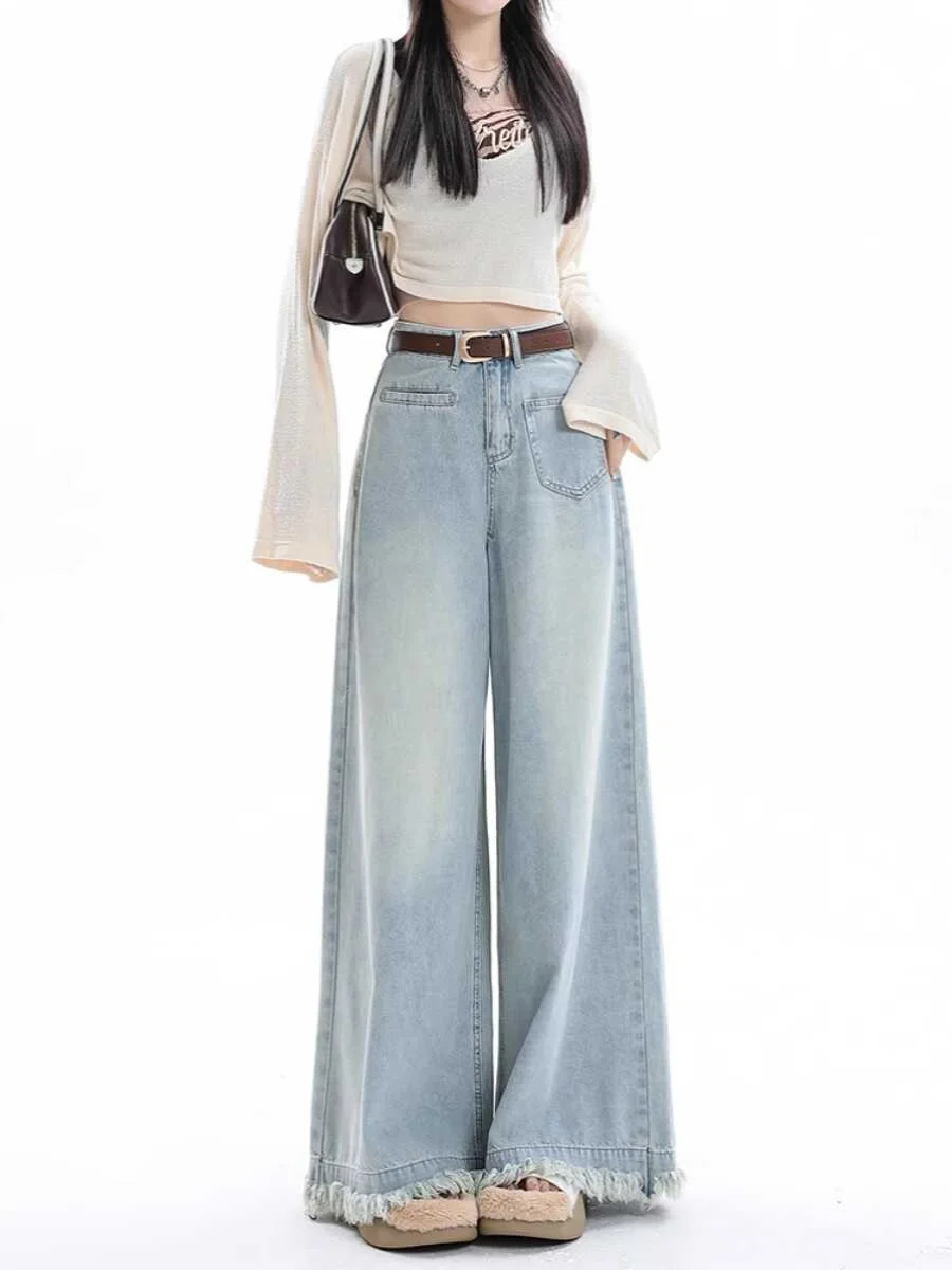 

High Waist Wide Leg Denim Jeans Women's Early Autumn New Loose Design Sense Draping Floor-Length Pants Winter plus Size