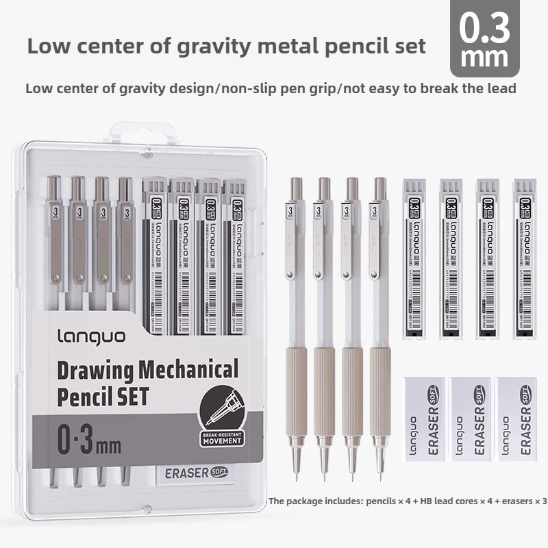 LANGUO Tekening Metalen Mechanische Potloodset Met Gum en Vulling voor Schrijven, Kunst, Schetsen, Zachte Grip, Schoolkantoorbenodigdheden