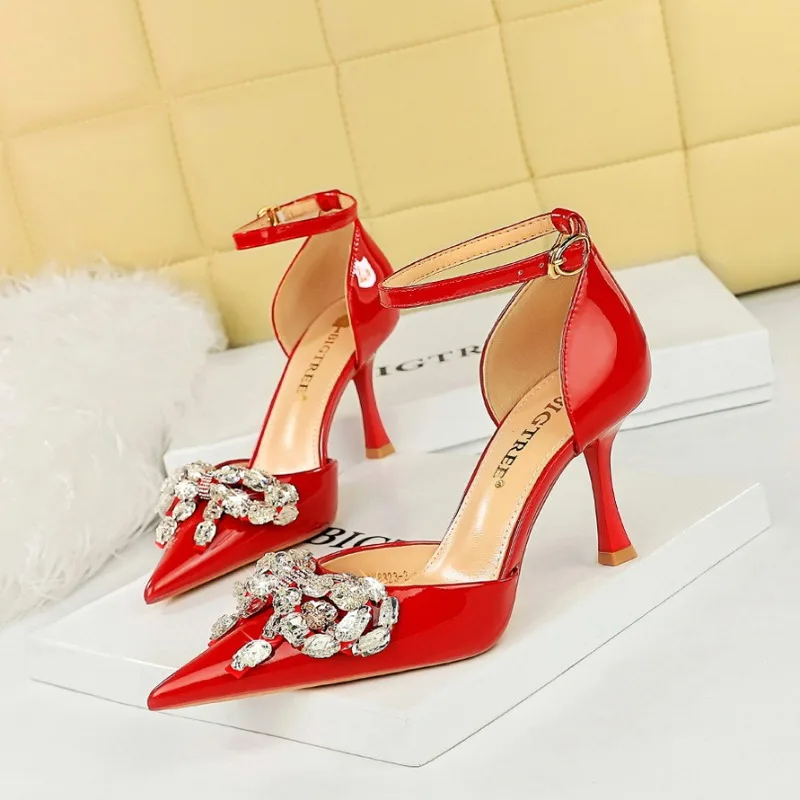 

BIGTREE Summer Women Pumps Sandals Pointed Toe Party Rhinestone Butterfly-knot Patent Leather 8CM Thin Heels Dance Woman Shoes