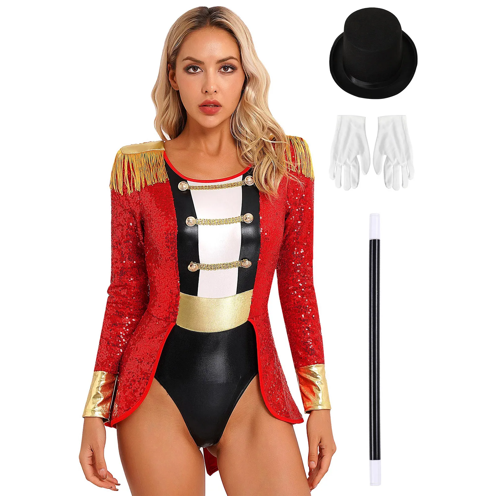 

Women Magician Circus Ringmaster Costumes Performance Set Long Sleeve Tassel Shoulder Sequin Bodysuit with Hat Gloves Magic Wand