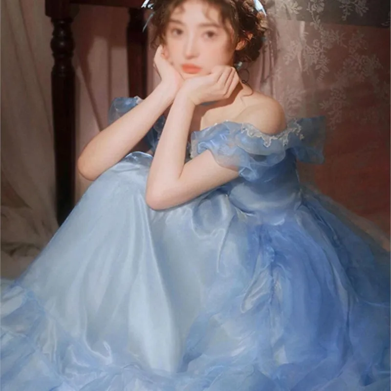 Light luxury new retro style studio photography blue student Quinceanera dress