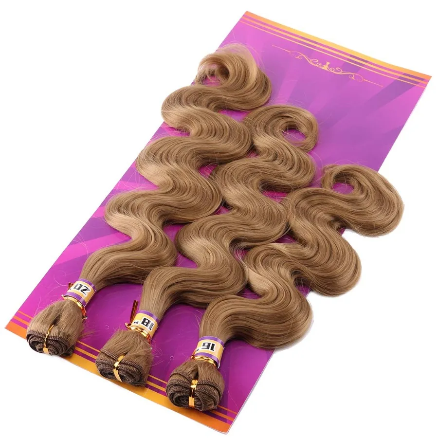 الذهبي الجسم موجة الاصطناعية نسج الشعر ملحقات 3 حزم اللون 27 الذهبي ارتفاع درجة الحرارة الألياف النسيج للمظهر الطبيعي Vo #6