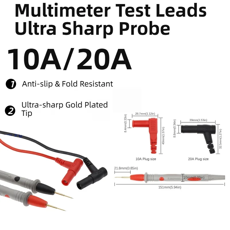 10A 20A Multimeter Test Leads, Ultra Sharp Gold Plated Tip Silicone Wire Probe Cable, Alligator Clips Optional