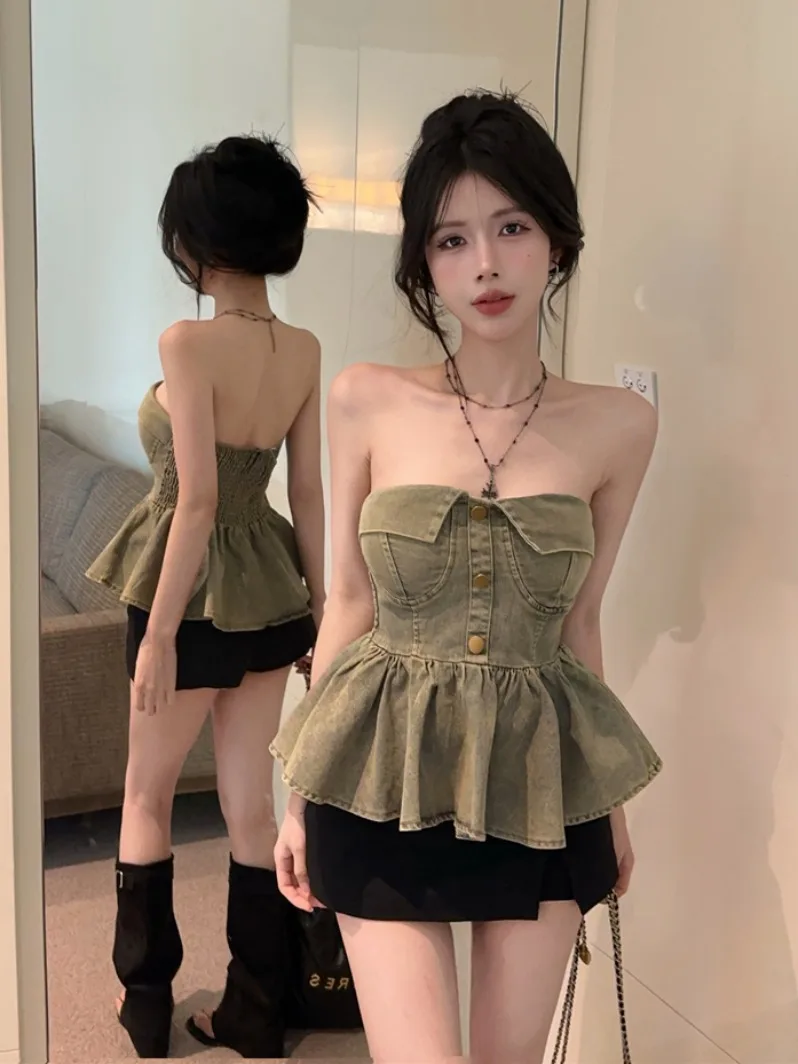 

Ретро-американский джинсовый топ-бюстье с пышными рукавами для женщин, летний, без рукавов, с утягивающим эффектом на талии, стройнящий силуэт