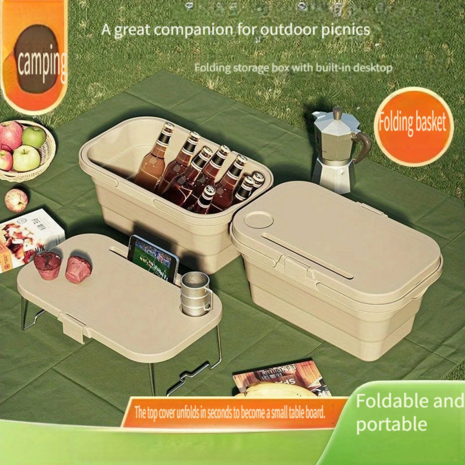 

Portable Folding Picnic Basket With Built-In Table - Durable Pp, Food-Safe For Outdoor Camping & Picnics