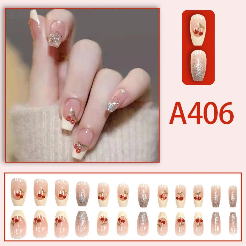 24 pezzi moda francese ciliegia glitter unghie finte con adesivo gelatina staccabile copertura completa stampa sulle unghie artificiali