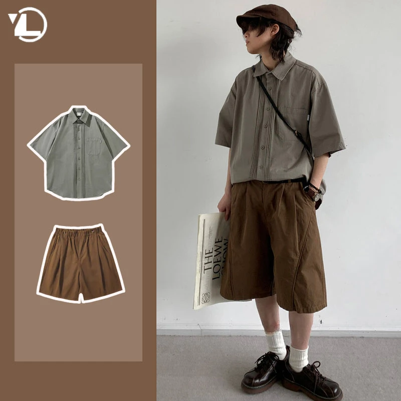 2024 Summer College Casual Set Mens New Simplicity Solid Short Sleeved Shirt+Wide Leg Shorts Suit Japanese Harajuku 2-pcs